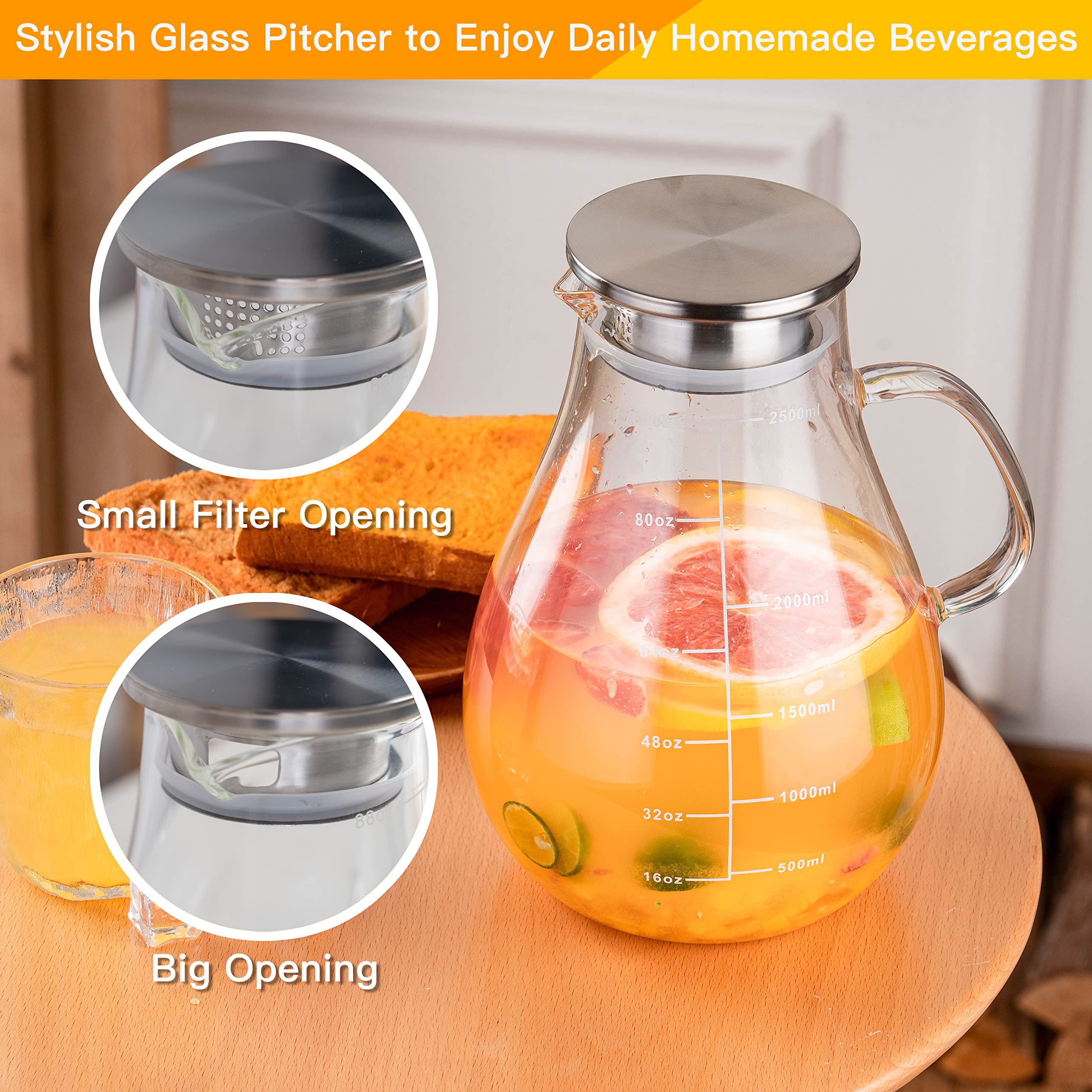 Set of 2 Glass Pitcher with Lid,2 Quart (64 oz / 1.9 Liter) Leak Proof,Glass Water Jugs, BPA-Free,Microwave & Dishwasher Safe Pitcher,Sun & Iced Tea, Sangria,Cold Brew Coffee & More