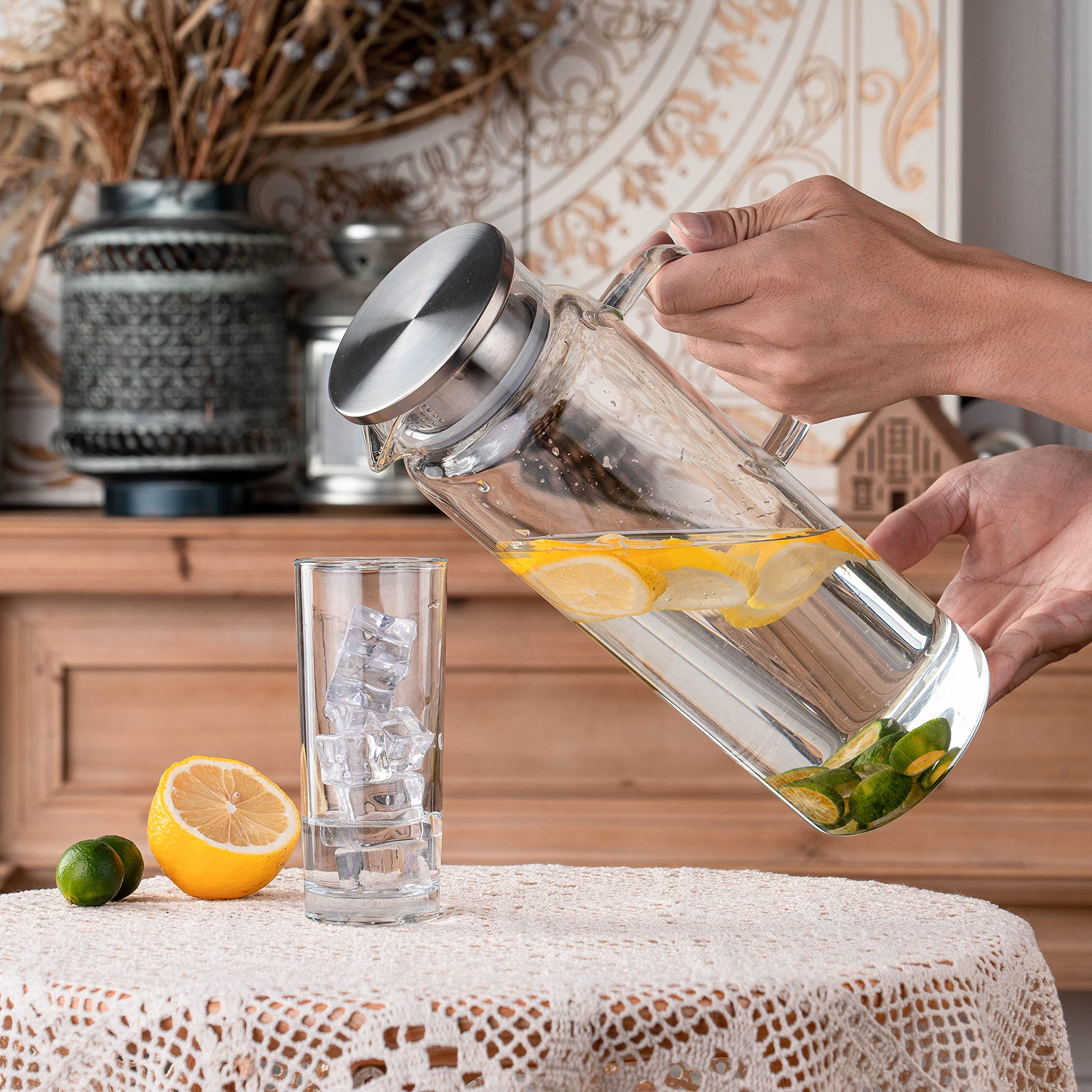 Set of 2 Glass Pitcher with Lid,2 Quart (64 oz / 1.9 Liter) Leak Proof,Glass Water Jugs, BPA-Free,Microwave & Dishwasher Safe Pitcher,Sun & Iced Tea, Sangria,Cold Brew Coffee & More