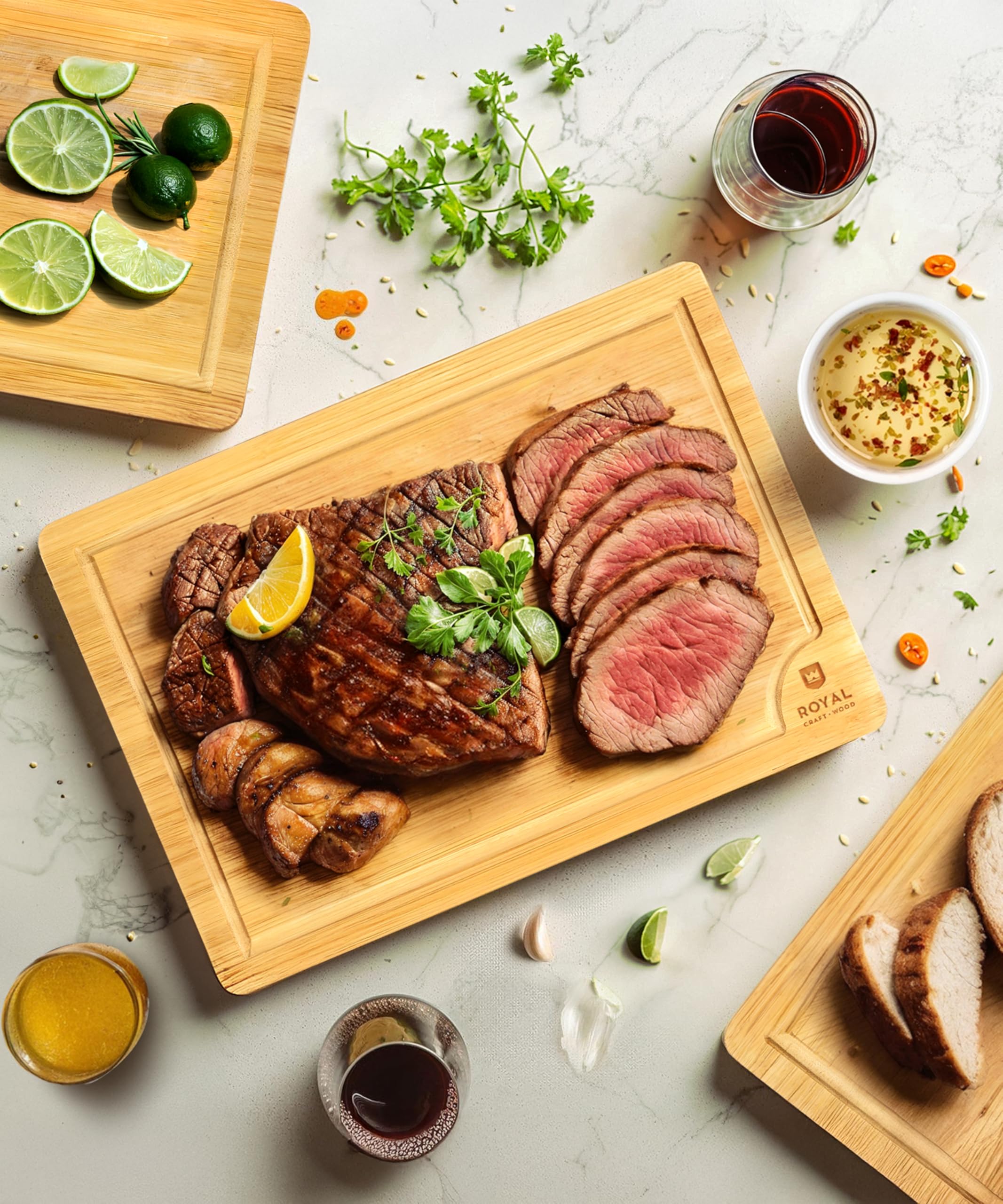 ROYAL CRAFT WOOD Wooden Cutting Boards for Kitchen Meal Prep & Serving - Bamboo Wood Serving Board Set - Charcuterie & Chopping Butcher Block for Meat