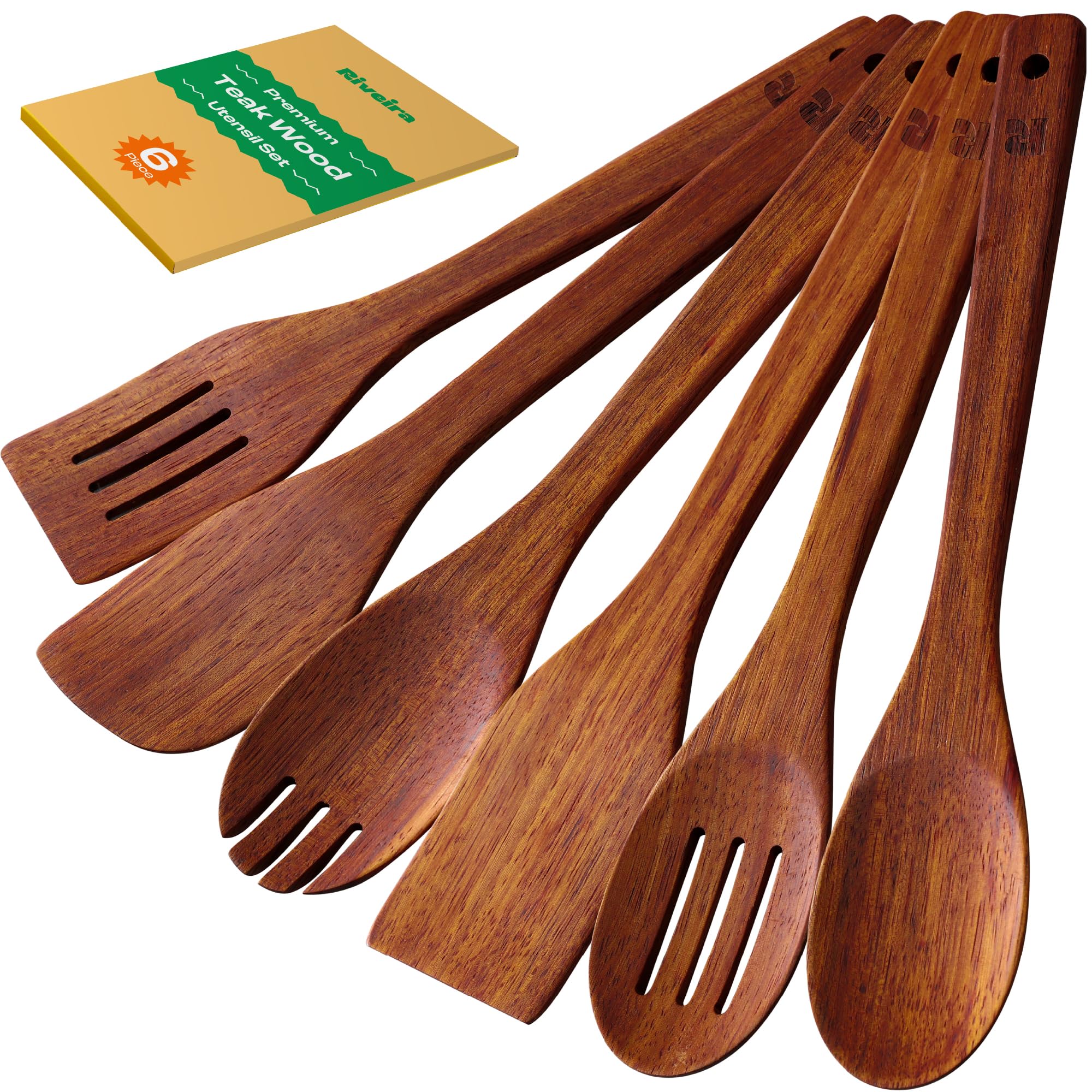 Riveira Premium Brown Bamboo Wooden Spoons for Cooking Set of 9 – Premium Brown Bamboo Wooden Cooking Utensils, Wooden Spatula, Wooden Spoon - Premium Quality Wooden Utensil Set for Non-Toxic Cooking