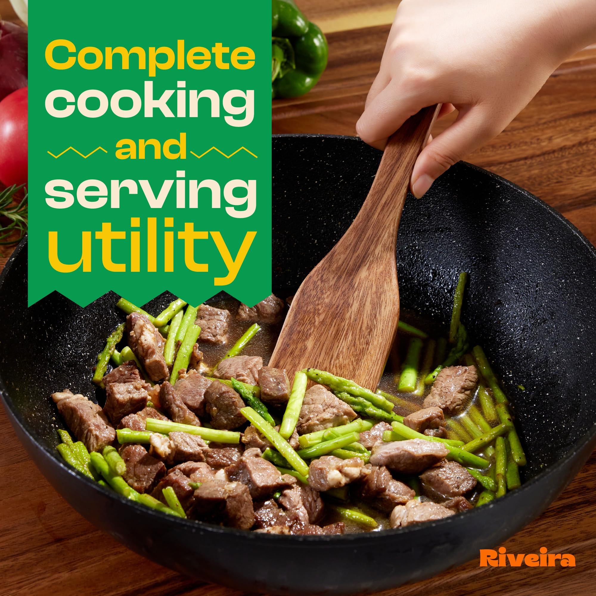 Riveira Premium Brown Bamboo Wooden Spoons for Cooking Set of 9 – Premium Brown Bamboo Wooden Cooking Utensils, Wooden Spatula, Wooden Spoon - Premium Quality Wooden Utensil Set for Non-Toxic Cooking