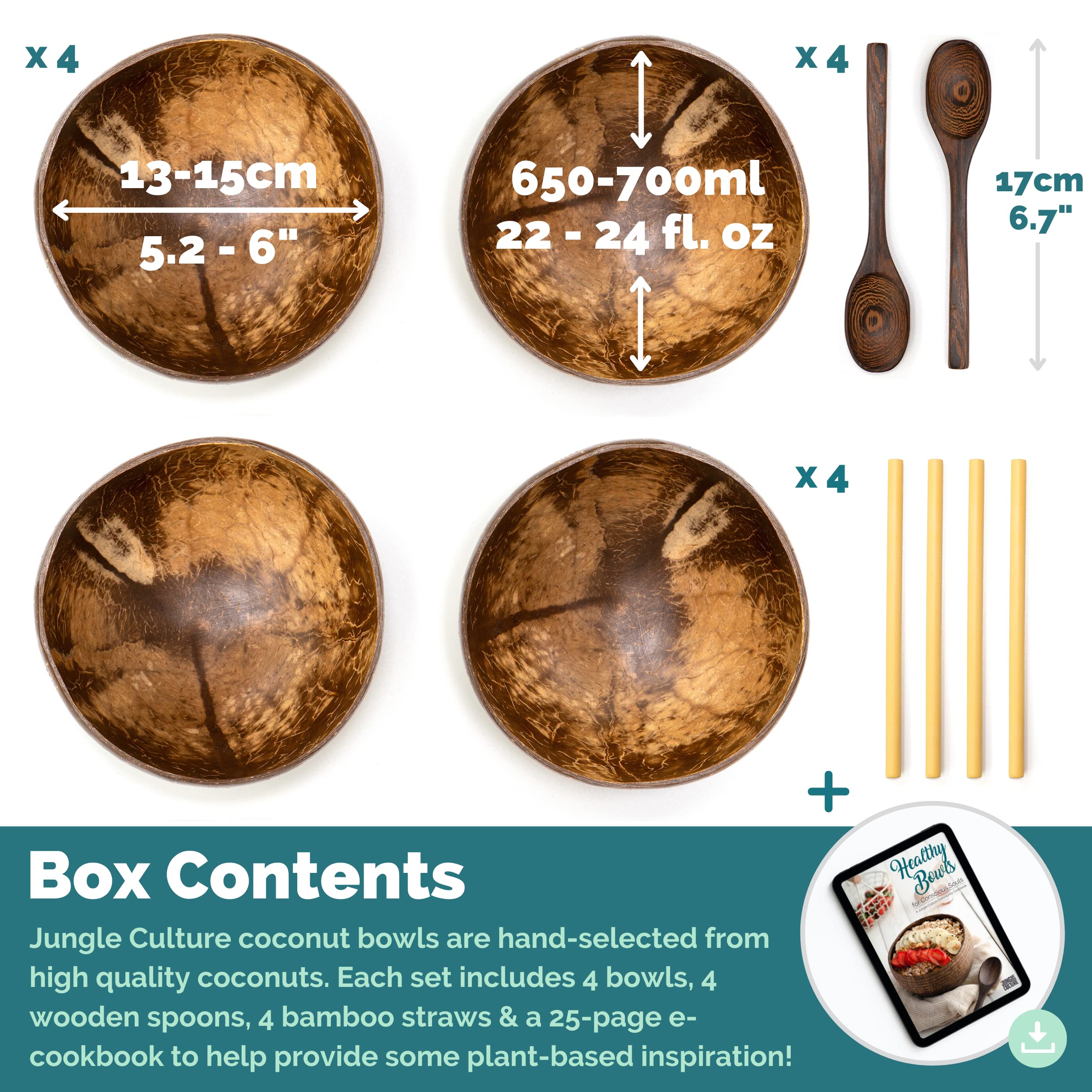 Jungle Culture 2 Polished Coconut Bowl and Wooden Spoons Set with Bamboo Straws • Natural Coconut Smoothie Bowls • Healthy Choice Coco Shell Acai & Buddha Bowls • Eco Friendly Vegan Gifts