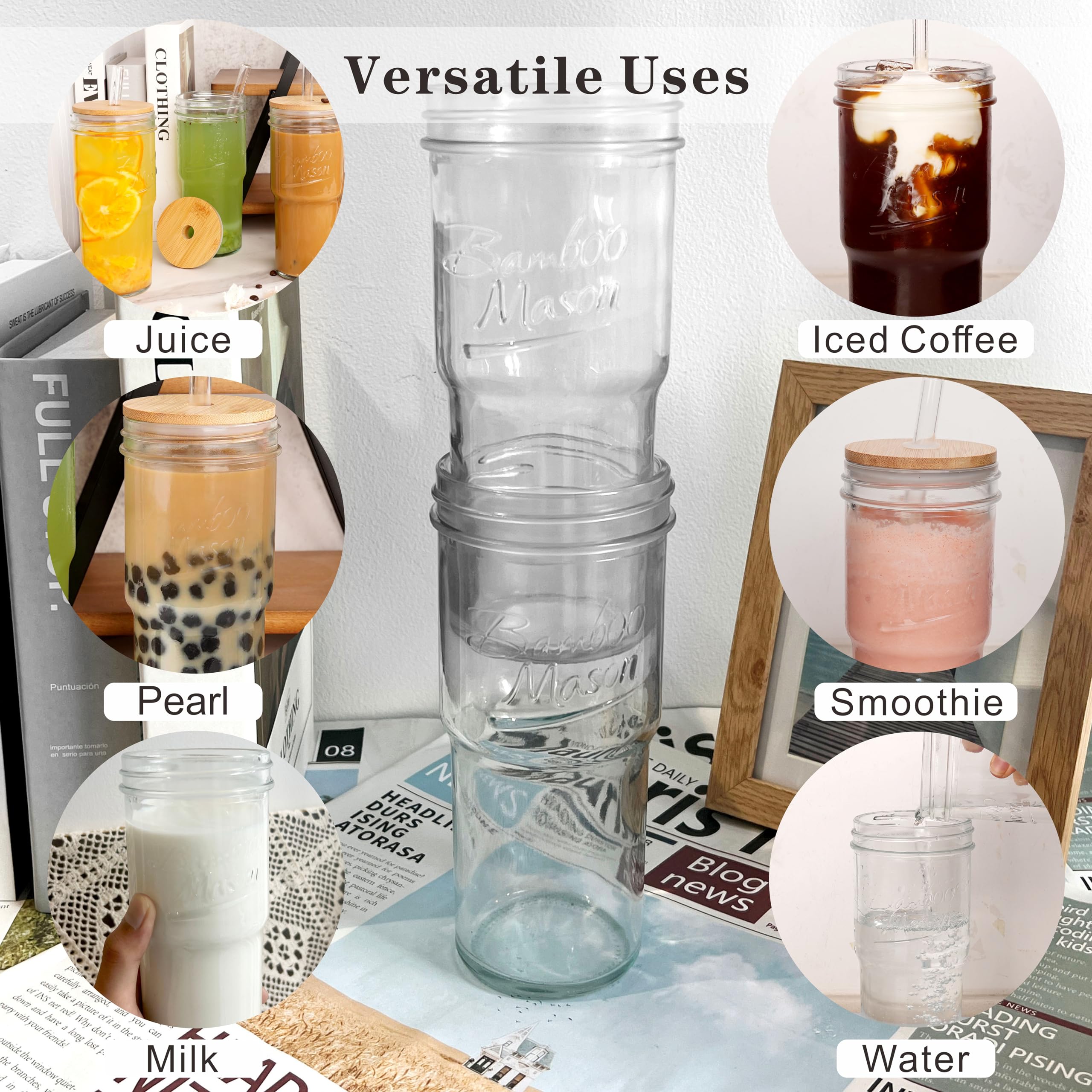 ANOTION Glass Cups with Lids and Straws - 40 Oz Tumbler with Handle and Straw Glass Water Bottles Drinking Glasses with Straws Iced Coffee Cups Travel Coffee Mug Smoothie Tumbler