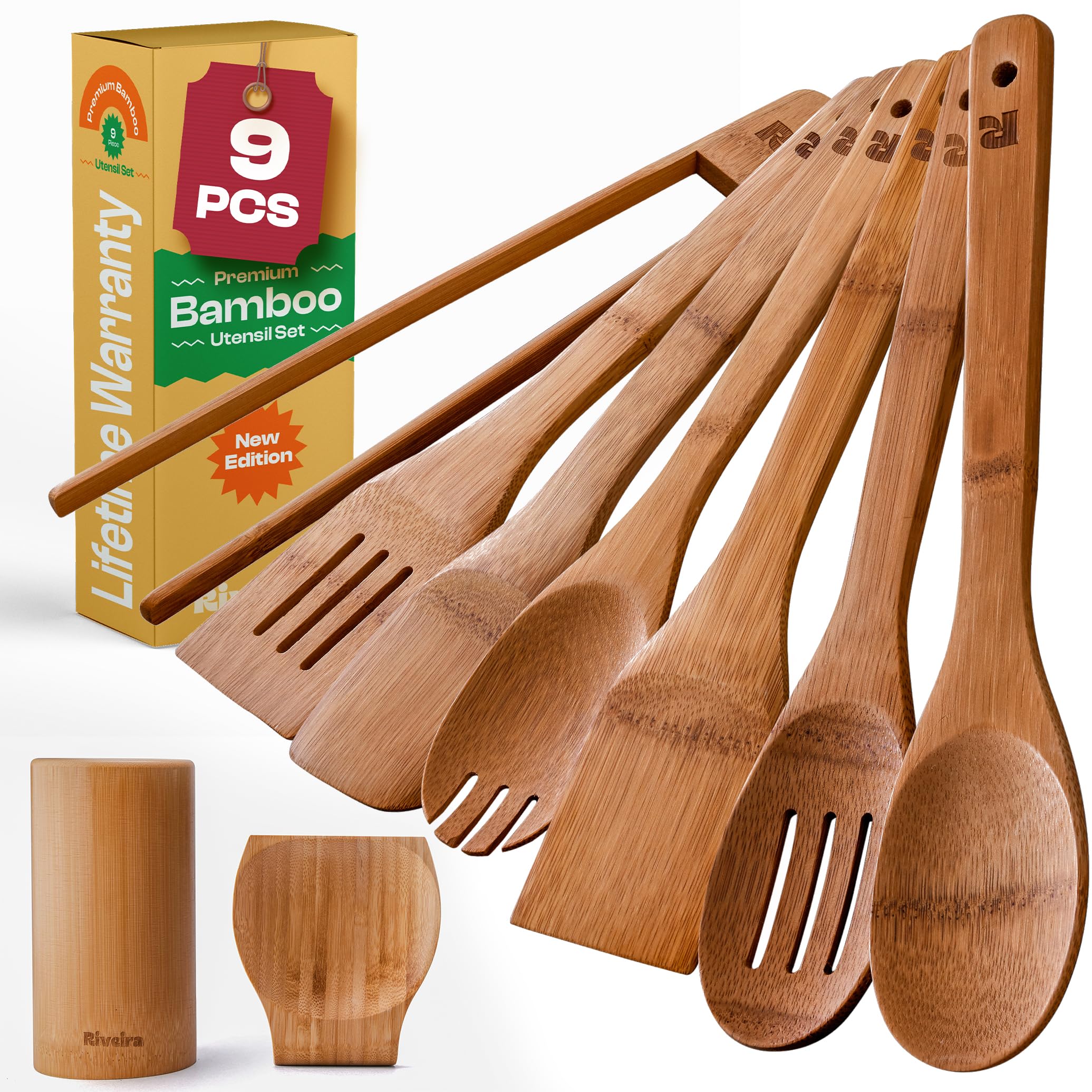 Riveira Premium Brown Bamboo Wooden Spoons for Cooking Set of 9 – Premium Brown Bamboo Wooden Cooking Utensils, Wooden Spatula, Wooden Spoon - Premium Quality Wooden Utensil Set for Non-Toxic Cooking