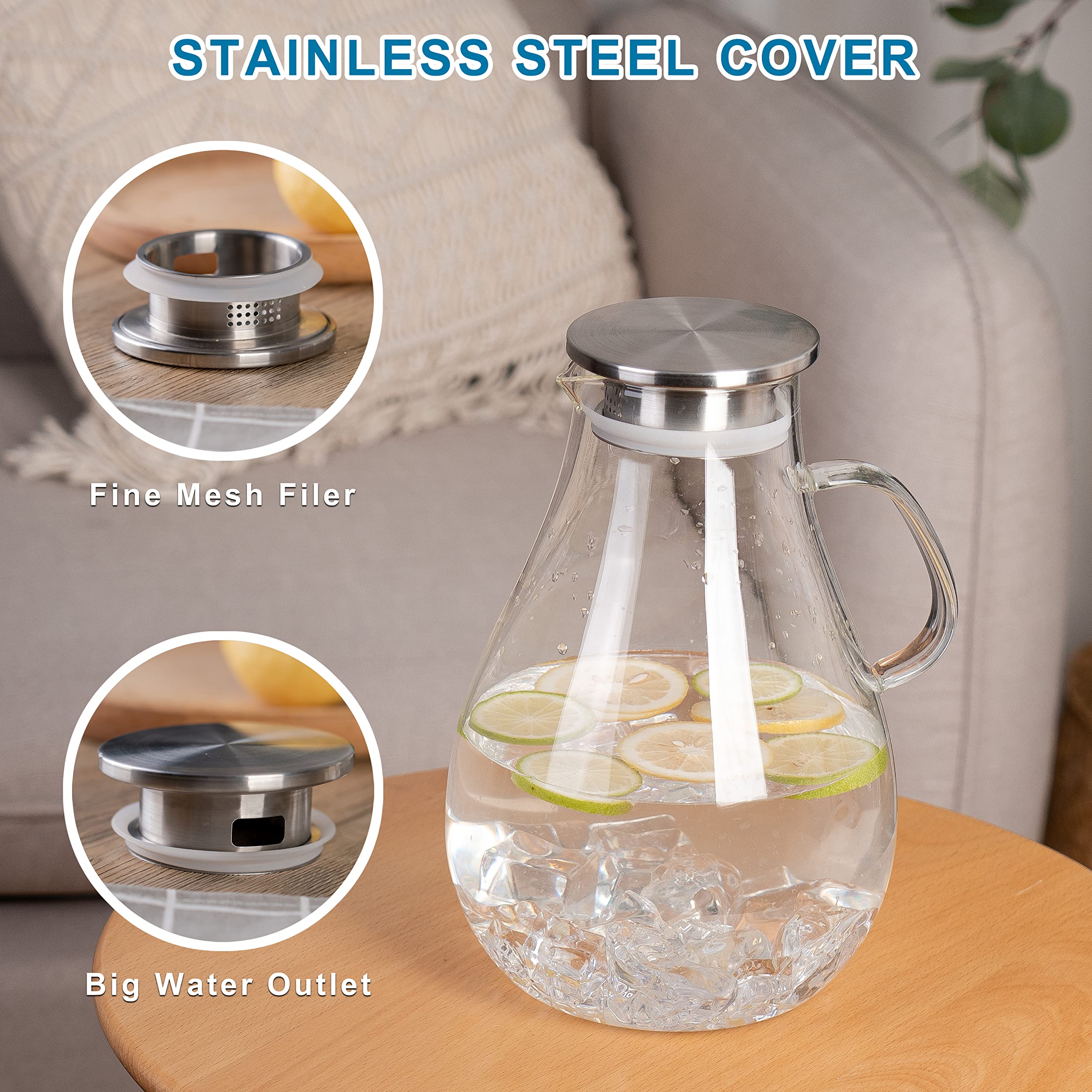 Set of 2 Glass Pitcher with Lid,2 Quart (64 oz / 1.9 Liter) Leak Proof,Glass Water Jugs, BPA-Free,Microwave & Dishwasher Safe Pitcher,Sun & Iced Tea, Sangria,Cold Brew Coffee & More