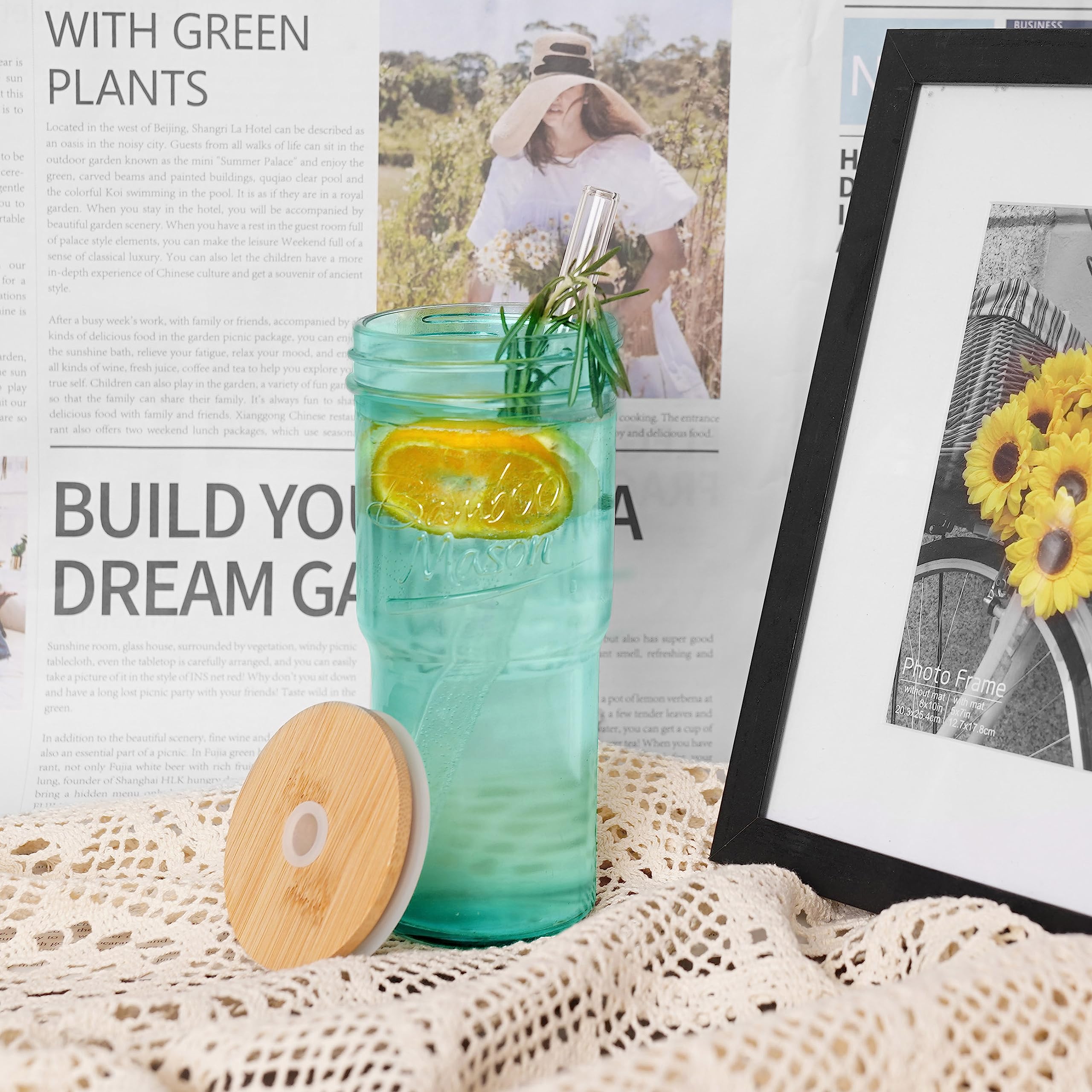 ANOTION Glass Cups with Lids and Straws - 40 Oz Tumbler with Handle and Straw Glass Water Bottles Drinking Glasses with Straws Iced Coffee Cups Travel Coffee Mug Smoothie Tumbler