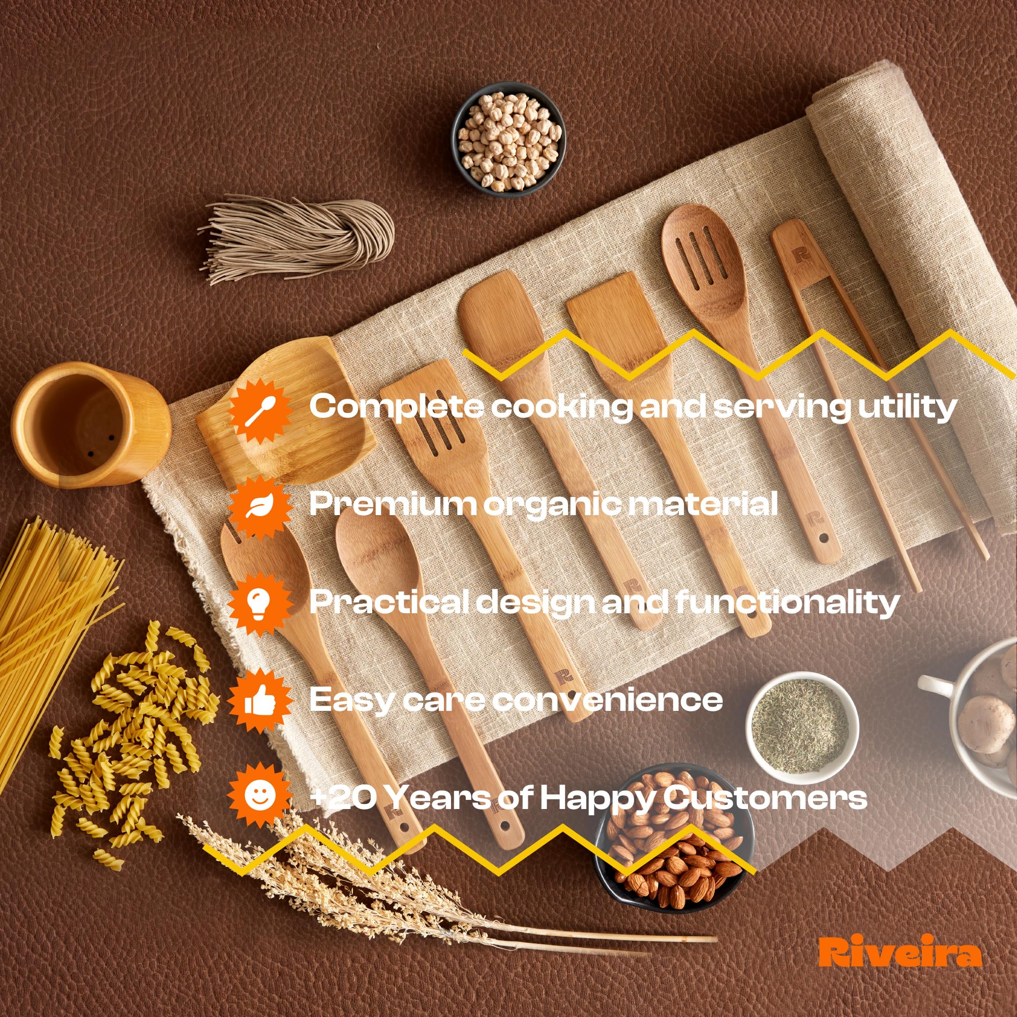 Riveira Premium Brown Bamboo Wooden Spoons for Cooking Set of 9 – Premium Brown Bamboo Wooden Cooking Utensils, Wooden Spatula, Wooden Spoon - Premium Quality Wooden Utensil Set for Non-Toxic Cooking