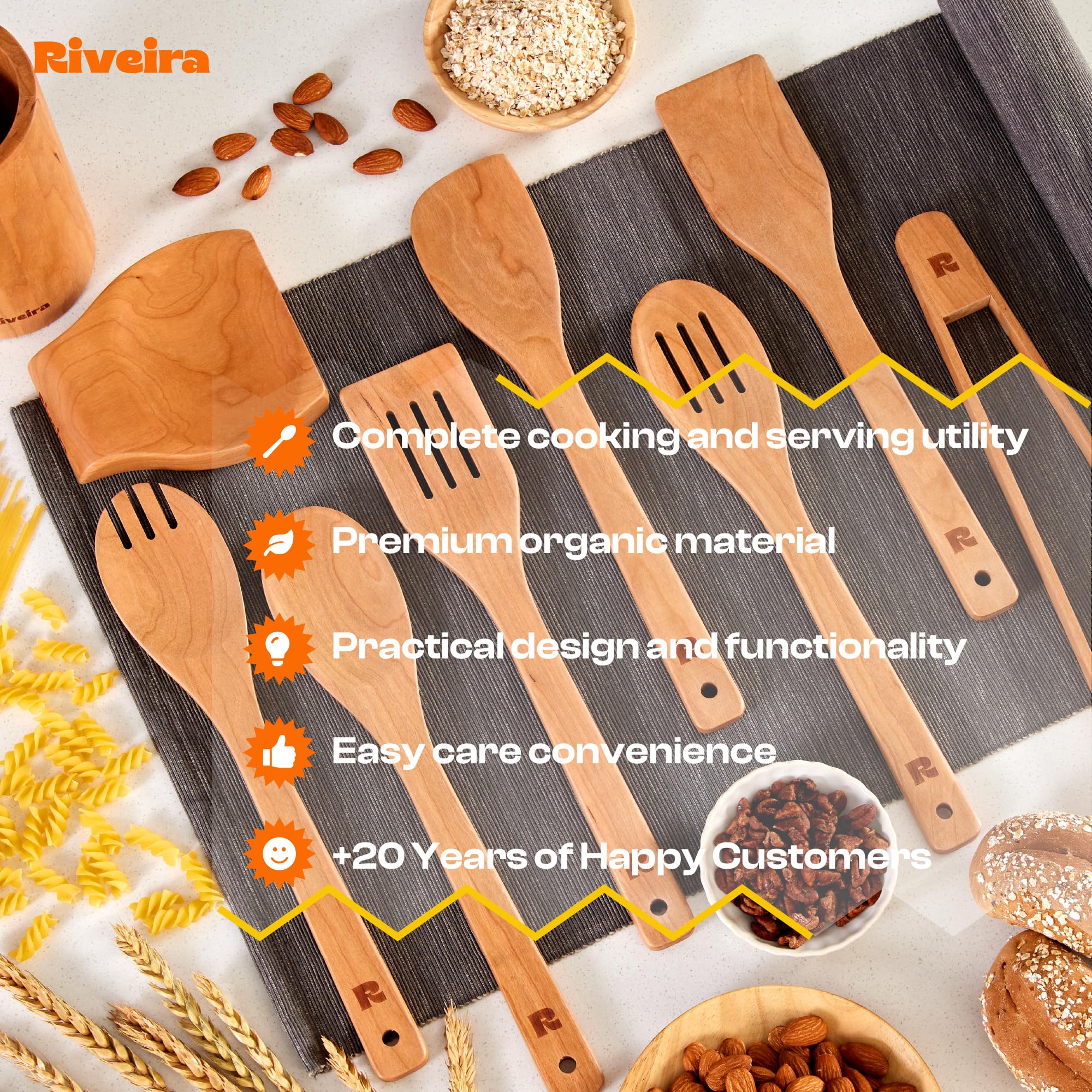 Riveira Premium Brown Bamboo Wooden Spoons for Cooking Set of 9 – Premium Brown Bamboo Wooden Cooking Utensils, Wooden Spatula, Wooden Spoon - Premium Quality Wooden Utensil Set for Non-Toxic Cooking