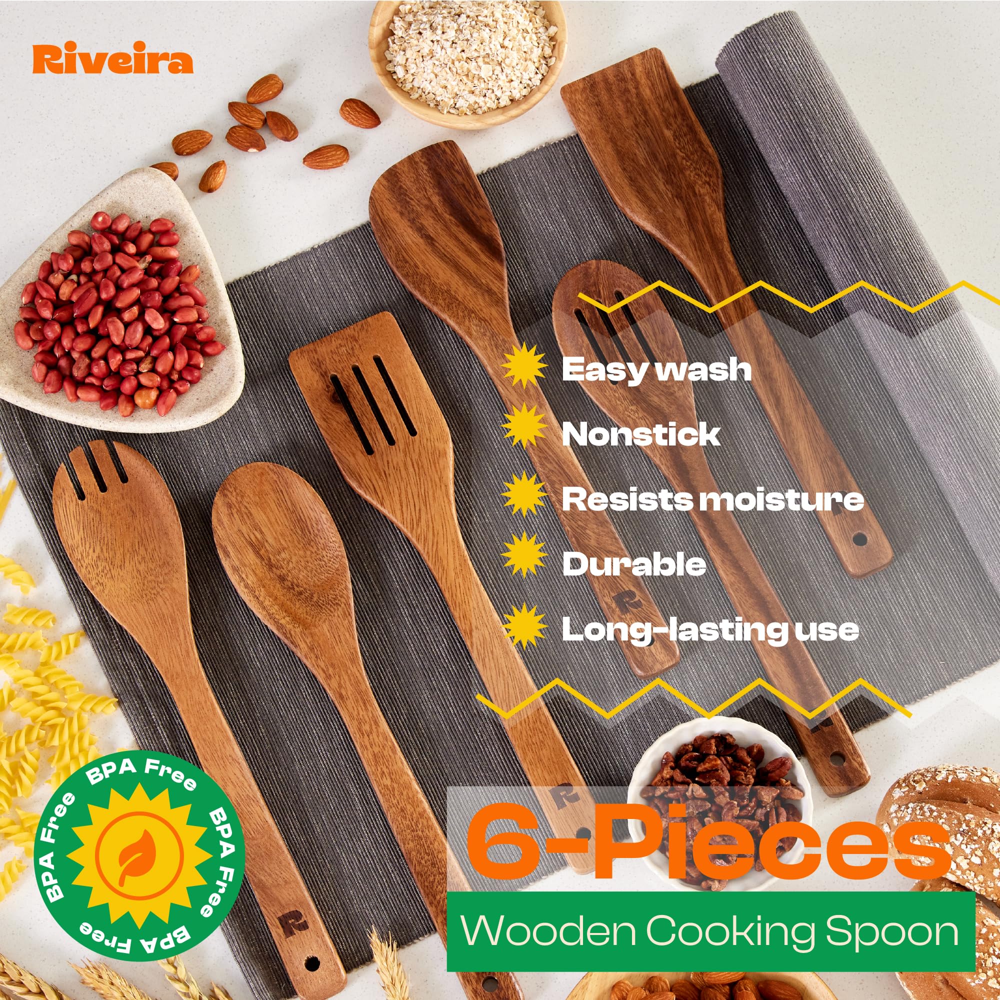 Riveira Premium Brown Bamboo Wooden Spoons for Cooking Set of 9 – Premium Brown Bamboo Wooden Cooking Utensils, Wooden Spatula, Wooden Spoon - Premium Quality Wooden Utensil Set for Non-Toxic Cooking