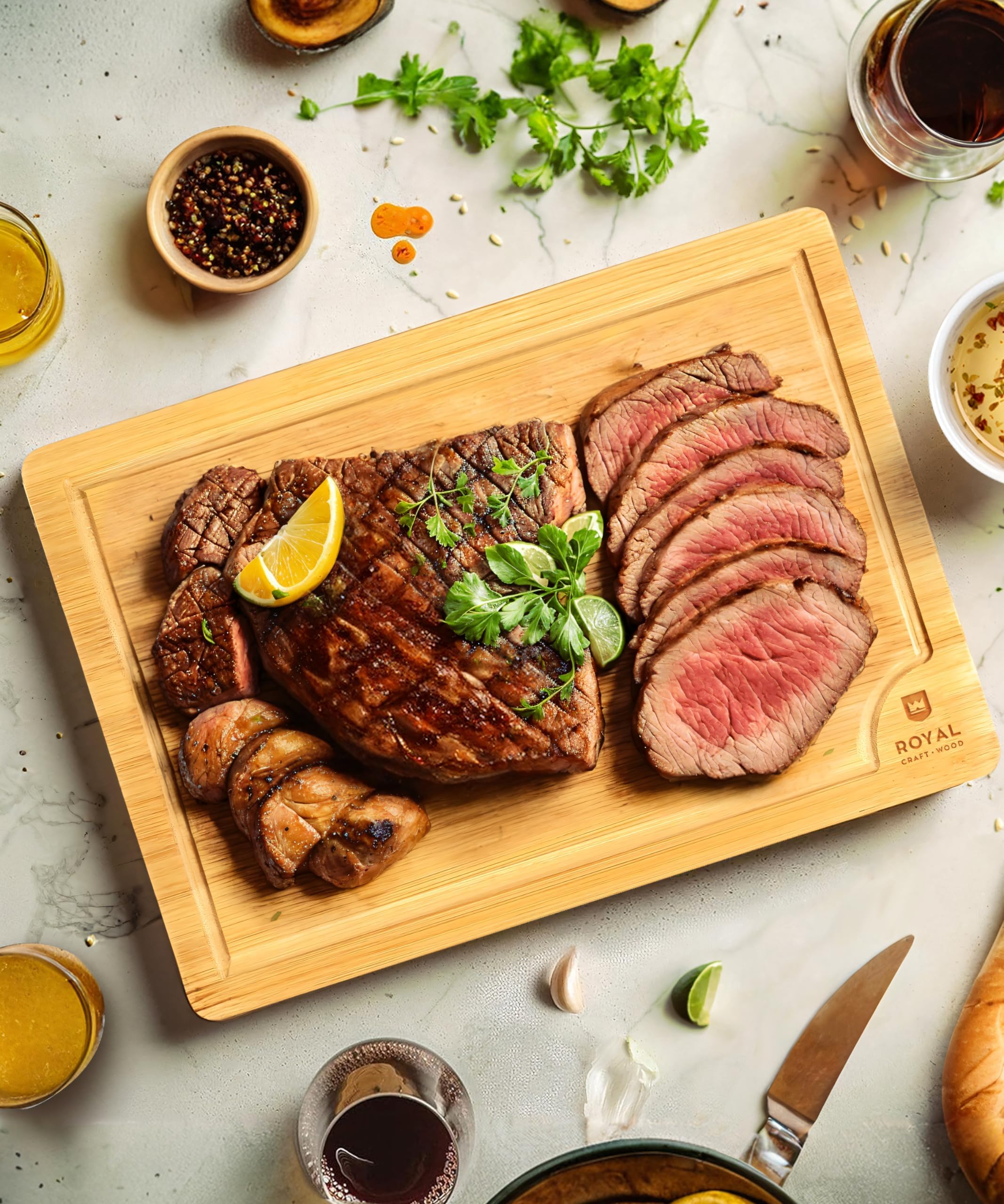 ROYAL CRAFT WOOD Wooden Cutting Boards for Kitchen Meal Prep & Serving - Bamboo Wood Serving Board Set - Charcuterie & Chopping Butcher Block for Meat