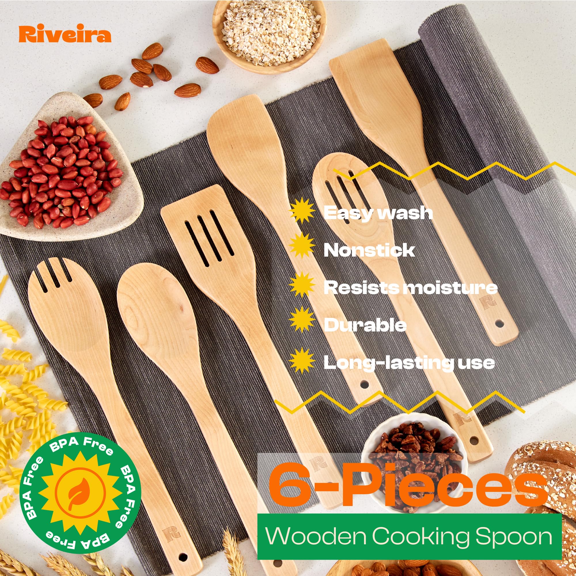 Riveira Premium Brown Bamboo Wooden Spoons for Cooking Set of 9 – Premium Brown Bamboo Wooden Cooking Utensils, Wooden Spatula, Wooden Spoon - Premium Quality Wooden Utensil Set for Non-Toxic Cooking