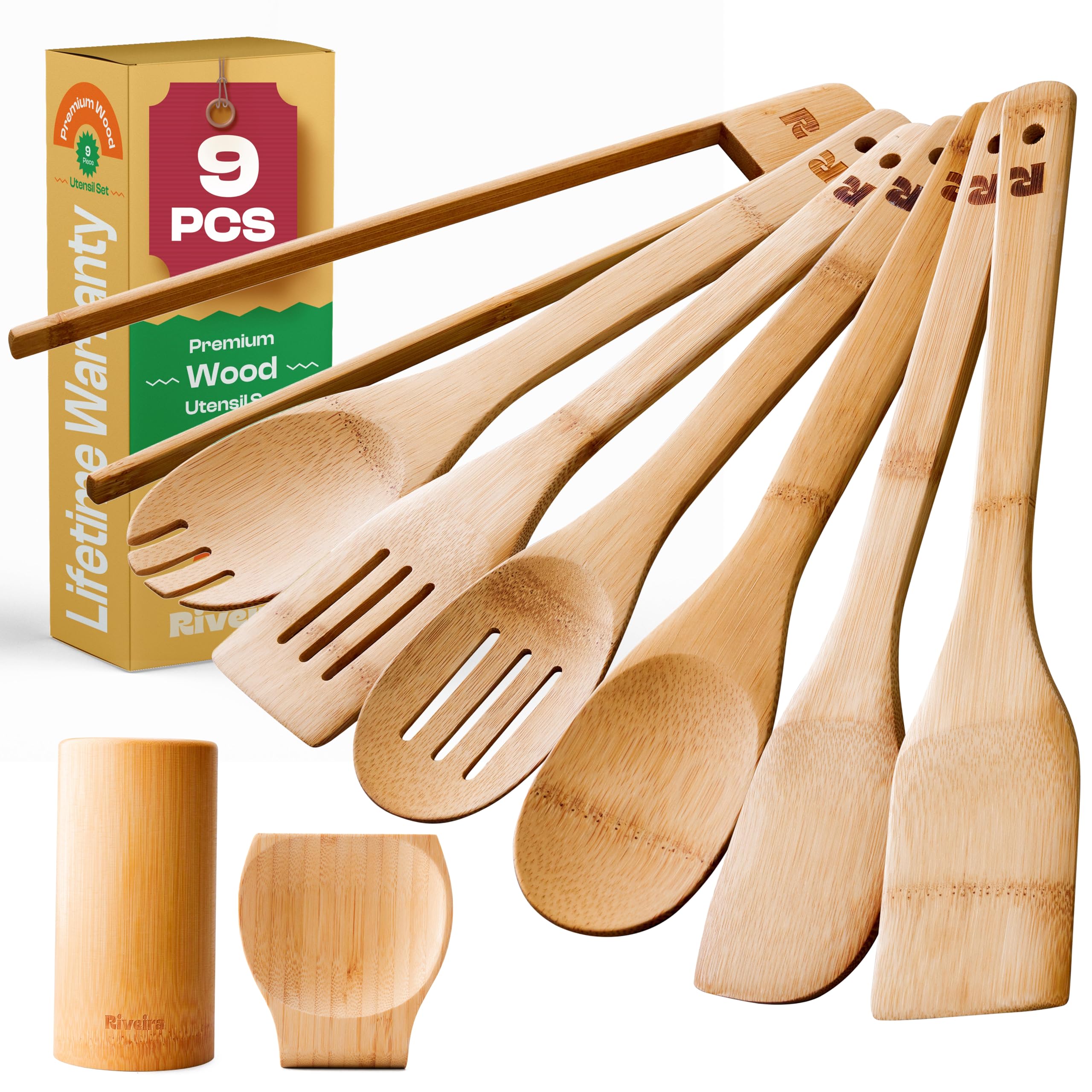Riveira Premium Brown Bamboo Wooden Spoons for Cooking Set of 9 – Premium Brown Bamboo Wooden Cooking Utensils, Wooden Spatula, Wooden Spoon - Premium Quality Wooden Utensil Set for Non-Toxic Cooking